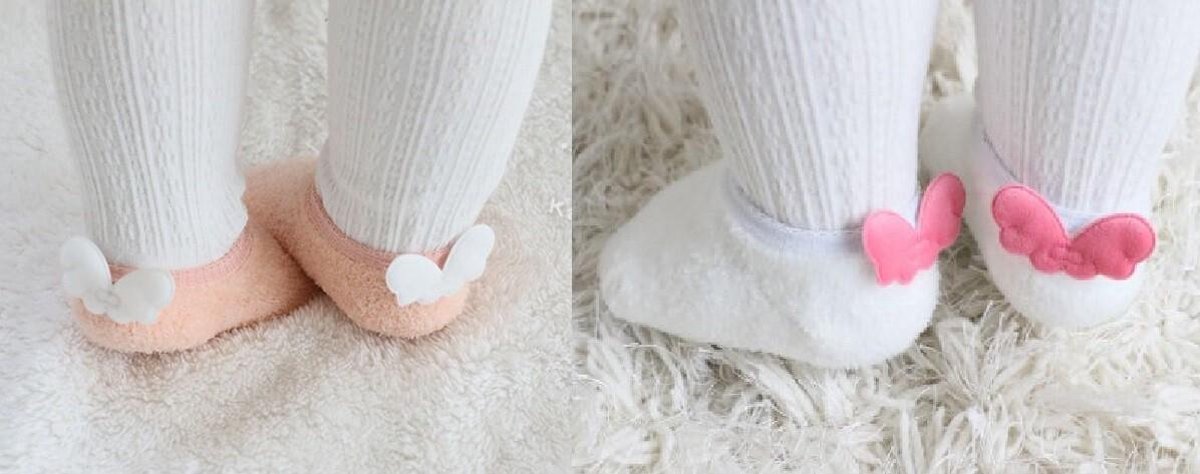 2-pack | Baby meisje antislip sokken met vleugels - (6-12 maanden) - roze en wit - winter fleece sokjes meisje