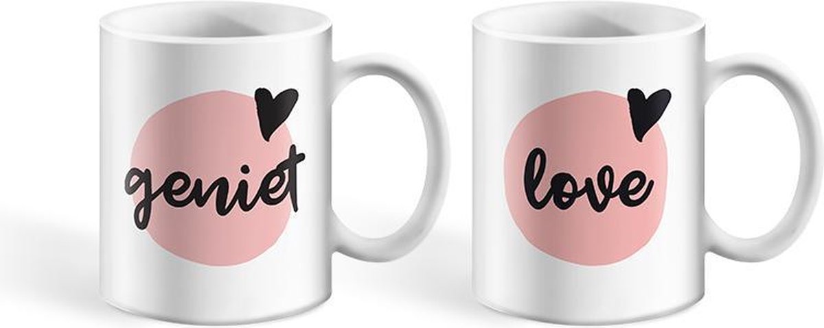 bijStip Espresso Senseo mok kopje Geniet en Love - Roze met Zwart - 175ml
