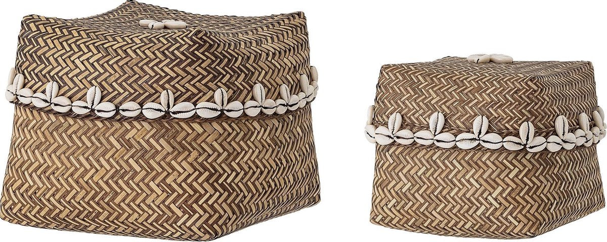 Bloomingville - Mandenset van 2 -  Naturel Bamboe met schelpjes - 13 x 13 cm
