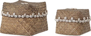 Bloomingville - Mandenset van 2 -  Naturel Bamboe met schelpjes - 13 x 13 cm