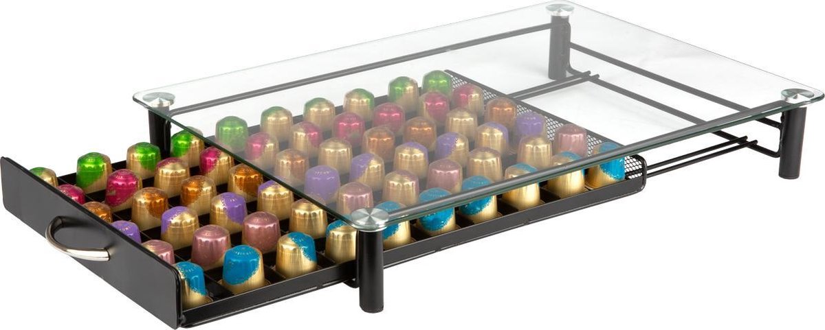 KitchenBrothers Glazen Capsule Houder met Lade - Geschikt voor 60 (N)espresso Cups - Espresso Koffie Pad en Cups Houder - Glas en RVS - Zwart