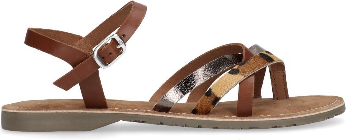 Manfield - Dames - Cognac sandalen met panterprint en metallic - Maat 38
