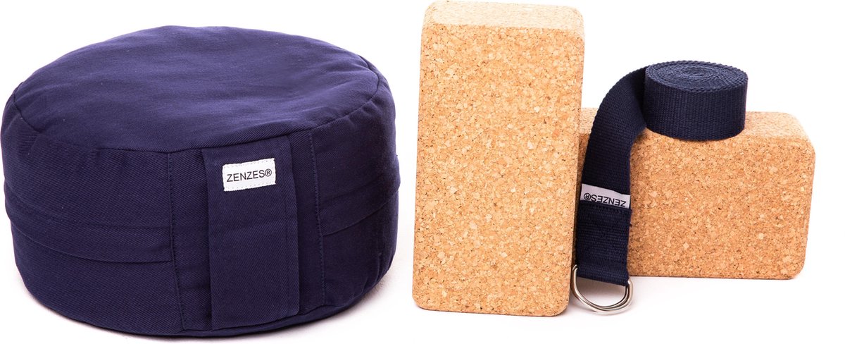 Zenzes PRO meditatiekussen met yogariem en 2 yogablokken - marine blauw