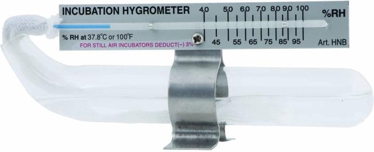 Hygrometer natte bol met glazen waterreservoir en kous