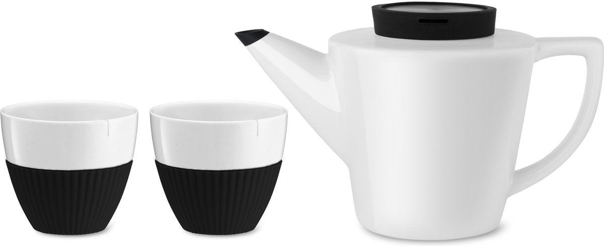 Viva Scandinavia - Infusion Theepot - Porselein - Incl. 2 Mokjes - Set van 3 Stuks - Wit/Zwart