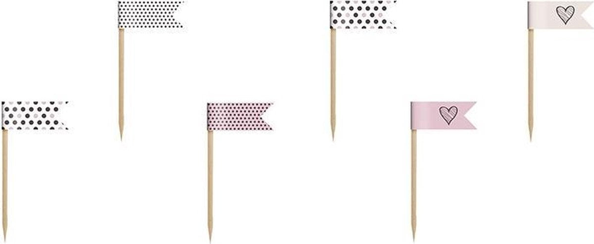 Cupcake Toppers Vlag Roze Zwart Stippen 7cm 6 stuks