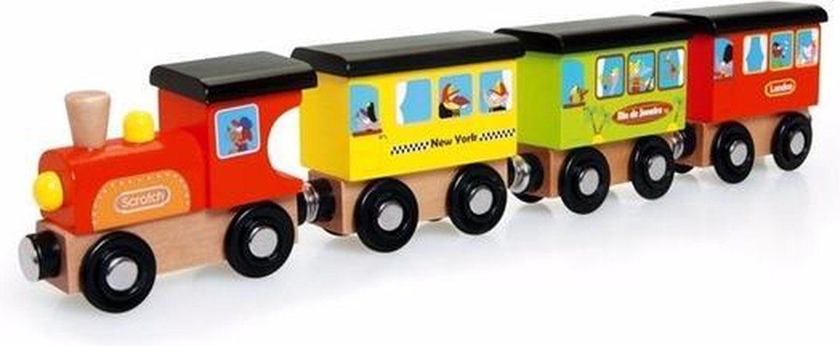 Houten speelgoed trein rond de wereld 31 cm