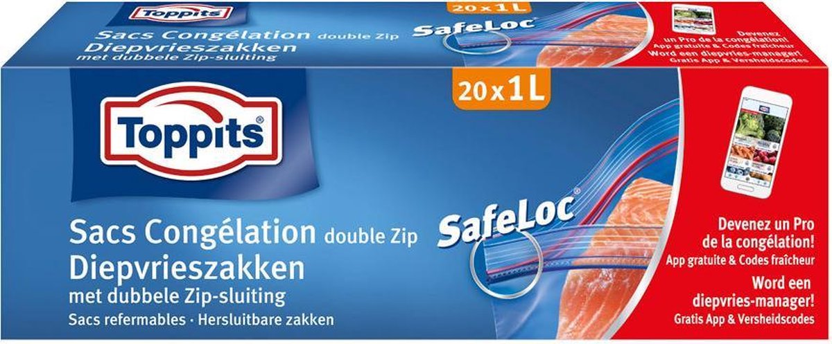 TOPPITS Diepvrieszakken Hersluitbaar - Easy Open + SafeLoc - 1 Liter Zakken x 20 Stuks