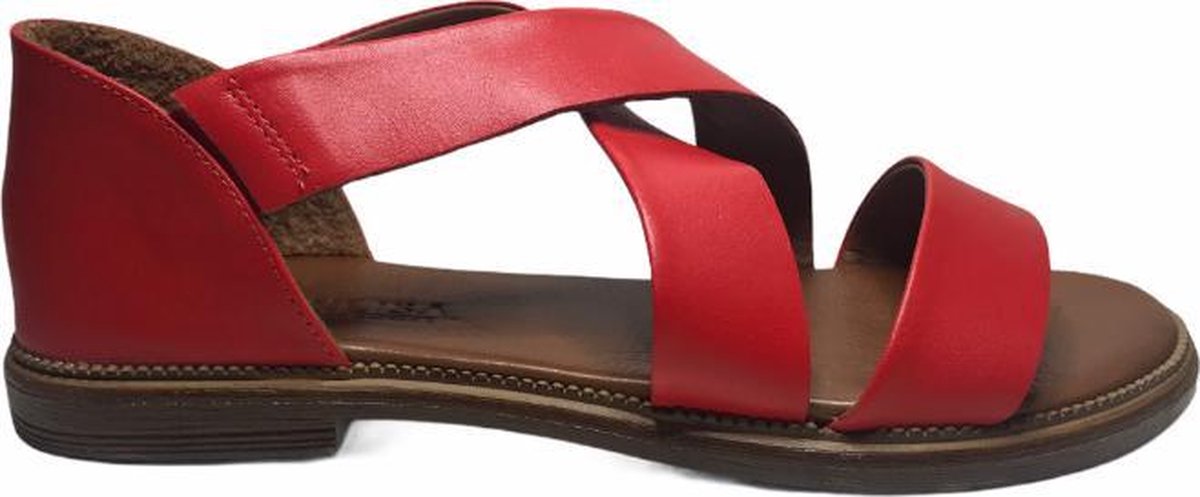 Manlisa elastiek platte lederen comfort sandalen S107-3023 rood mt 40