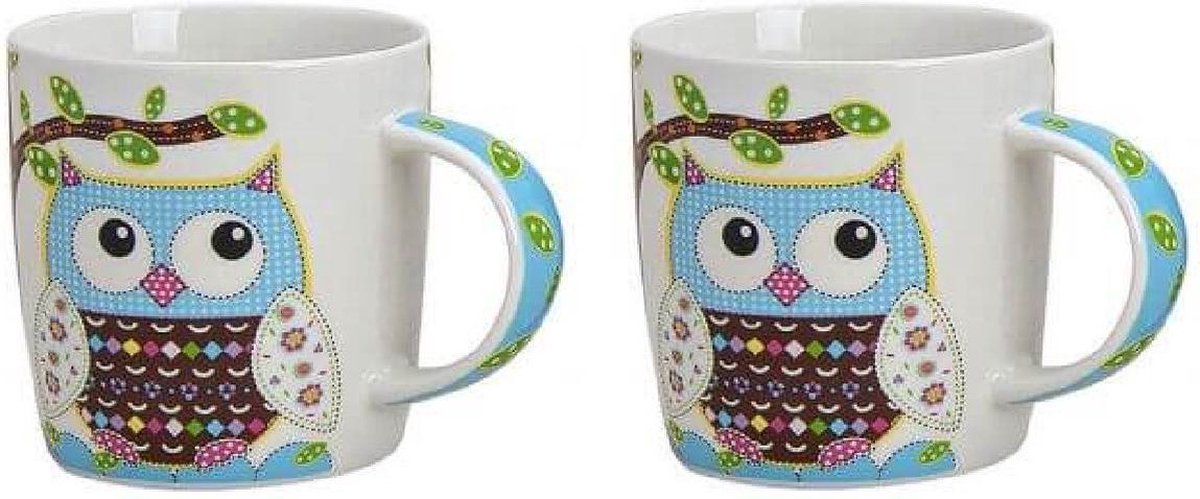 Set van 4x stuks uilen print drink mokken/bekers blauw 300 ml