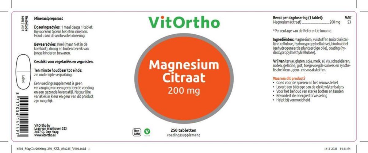 VitOrtho Magnesium Citraat 200 mg - 250 tabletten - Mineralen - Voedingssupplement