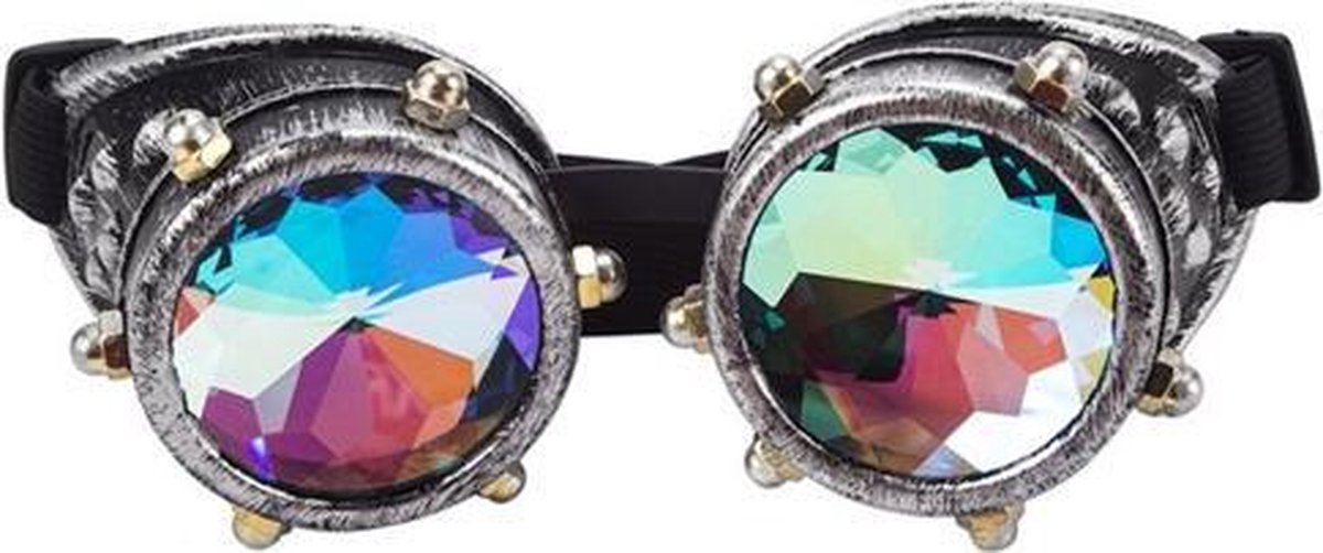 Steampunk bril caleidoscoop goggles - oud zilver studs - holografisch
