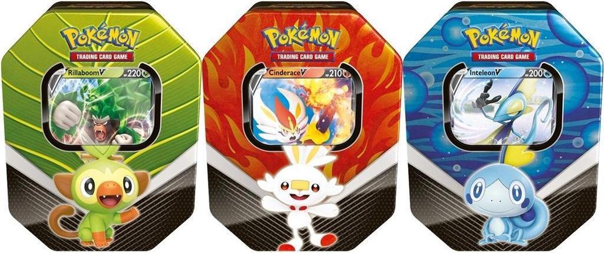 CADEAUTIP! Pokemon Galar Partners Tin Bundel - Spring 2020 - 1 van elk - Grookey Rillaboom V - Sobble Inteleon V - Scorbunny Cinderace V - Sword & Shield Pokemon Kaart - Verzamelblik - 4 pakjes per Spring Tin - 4 Booster Packs - 1 Holo Promo per tin