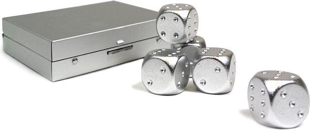 Aretica Dobbelstenen set van 5 - Aluminium doosje met 5 aluminium dobbelstenen - Spelletjes spelen - Aluminium - Gezelschapsspel - Bordspel - Dobbelen
