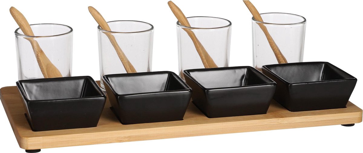 Mica Decorations - Luxe Tapas set - Tapasplank met 4 Zwarte Schaaltjes & 4 Glaasjes met Lepel - Servies - Borrelplank