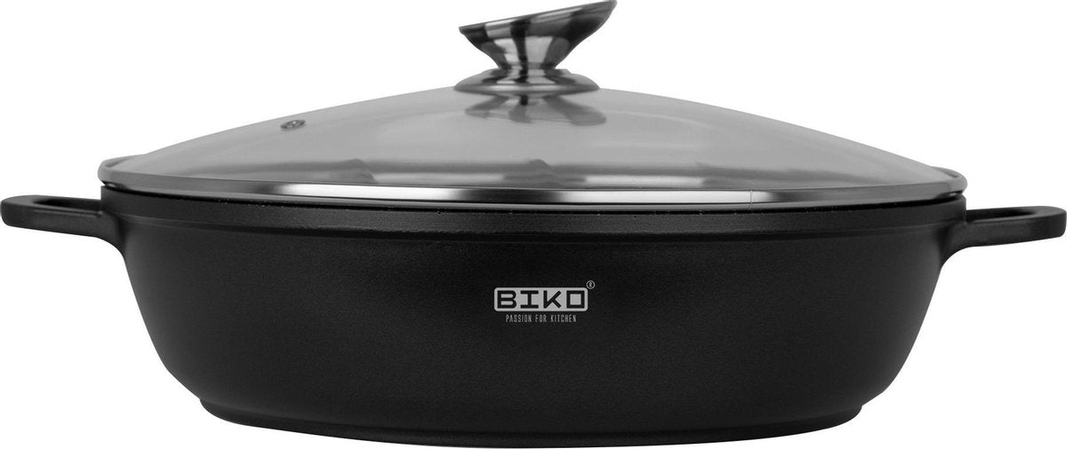 BIKO - Shallow pot Ø 28 cm - Marmeren coating - Lage braadpan - Glazen deksel - Zwart