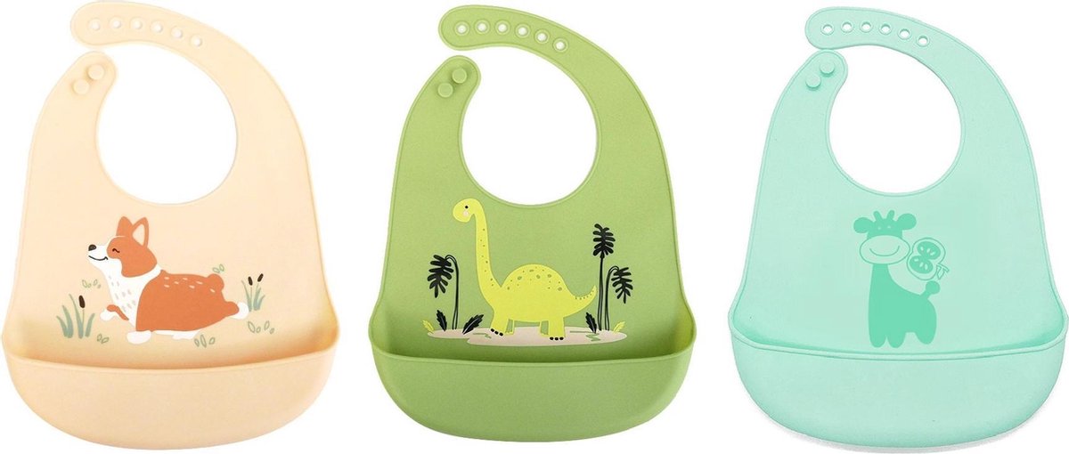 3 pack jongens siliconen slabbetjes met opvangbak - hondje - dinosaurus |BPA - Vrij | Waterproof - Waterdichte slabbetjes | Baby en Peuter Slabbetje
