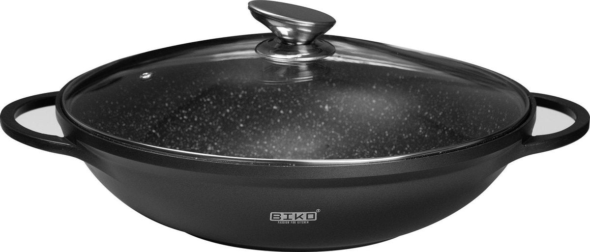 BIKO - Wokpan Ø 24 cm - Marmeren coating - Glazen deksel - Wadjan -  Zwart