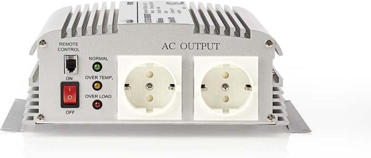 Inverter Gemodificeerde Sinusgolf | Ingangsvoltage: 12 VDC | Apparaat stroomoutput: 2 | 230 V ~ 50 Hz | 1000 W | Piekvermogen: 2400 W | Type stopcontact: F (CEE 7/3) | Accuklemmen | Gemodificeerde sinusgolf | Zekering | Zilver