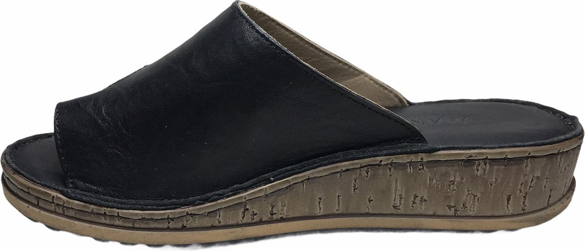 Manlisa 4 cm hoogte lederen comfort teen slippers W107-1880 Zwart mt 37