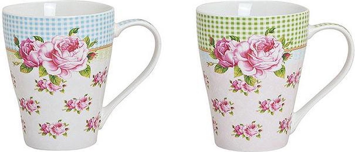 Mok - Beker - 300ml. - 11cm - Roos - 4 stuks - 2x met blauwe ruit en 2x met groene ruit bovenin