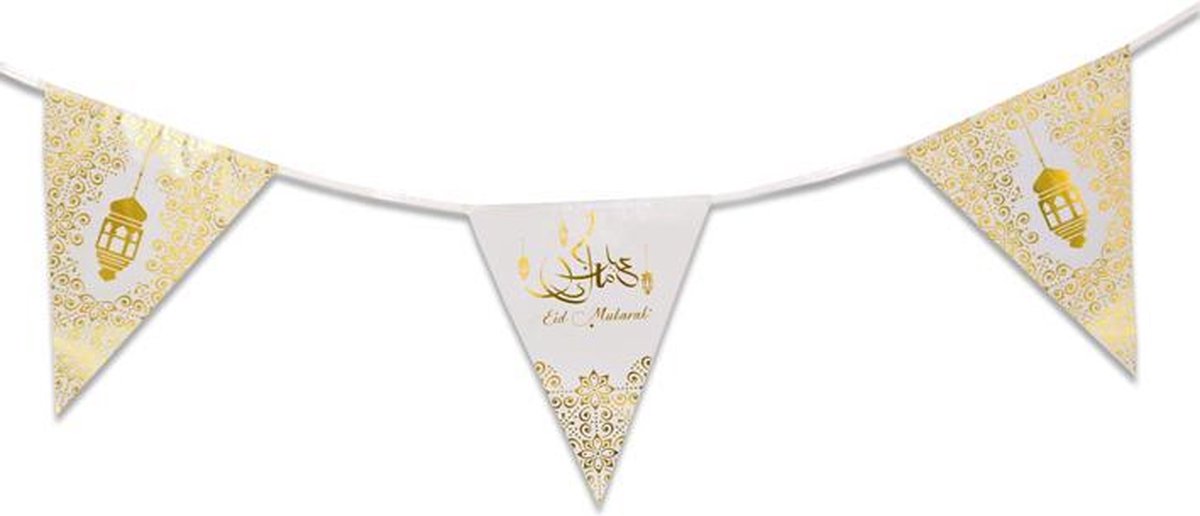 Eid Mubarak thema vlaggenlijn/slinger wit/goud 6 meter - Suikerfeest/Offerfeest versieringen/decoraties
