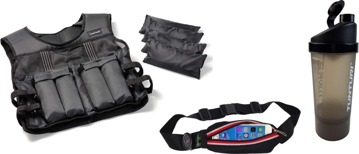 Hardlopen - Hardloopset - 3 stuks - Tunturi - Gewichtsvest 10 kg & Hardloopgordel Rood & Shakebeker