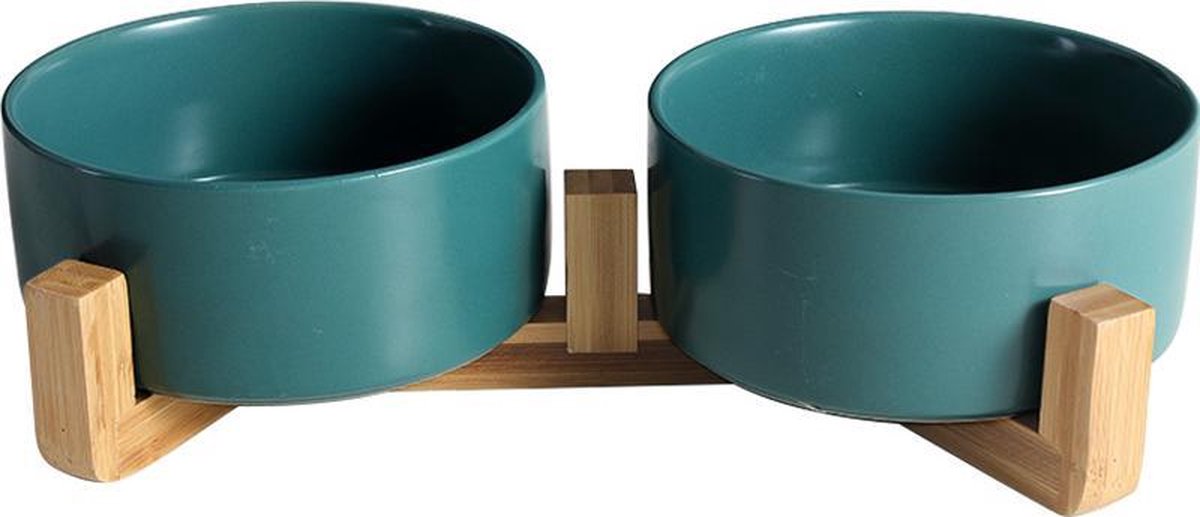 ElegaPet Honden Drink en Voerbak Groen + Bamboe Standaard - 2x Keramieke Drinkbak + Hout Onderframe - Design item voor in huis - Hond