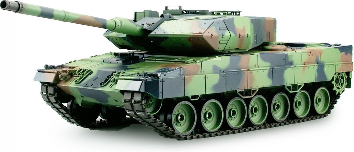 RC tank Leopard 2A6 2.4GHZ met schietfunctie en rook en geluid BB en IR en luxe houten kist