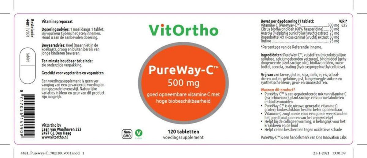 VitOrtho PureWay-C 500 mg - 120 vegitabletten - Vitamine C - Voedingssupplement