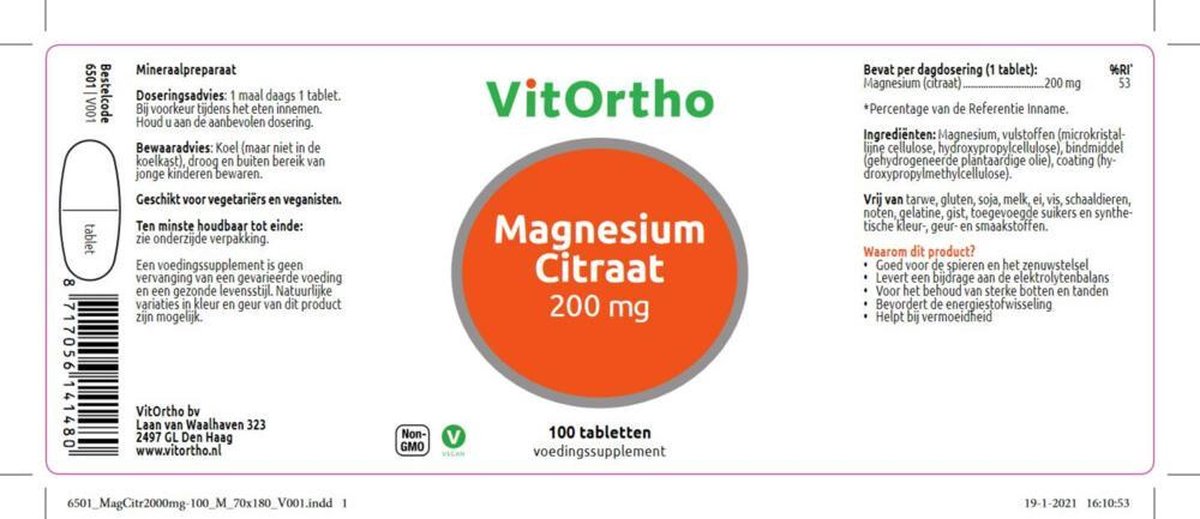 VitOrtho Magnesium Citraat 200 mg - 100 tabletten - Mineralen - Voedingssupplement