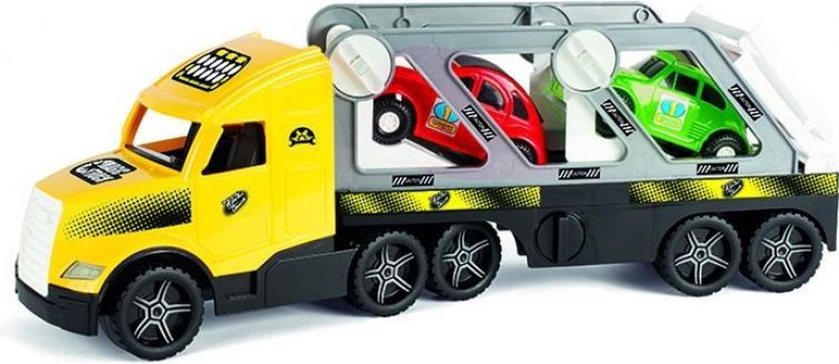 Wader Autotransport Truck Met Twee Retro Auto´s 79 Cm Geel