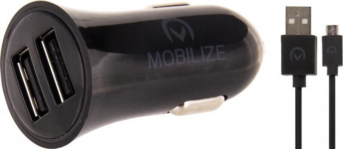 Mobilize Car Charger Dual USB 2.4A + 1m Micro USB Cable Black