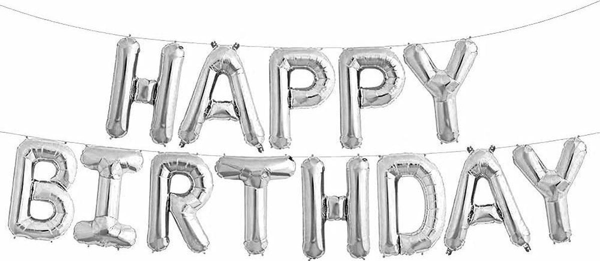 Happy Birthday folieballonnen slinger Zilver 340 x 35 cm - verjaardagsfeest versiering