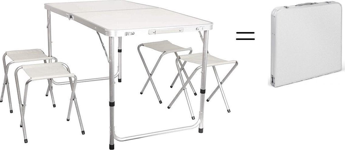 Klaptafel / Campingtafel Inklapbaar en Verstelbaar 120x60 cm - Inclusief 4 Stoelen - Past in 1 Koffer - Wit
