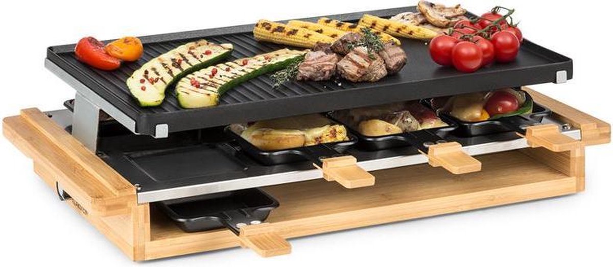 Klarstein Tournedo raclette 1200W - 8 personen - thermostat - gegoten aluminium - hout-look