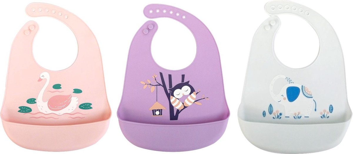 3-pack meisjes siliconen slabbetjes verstelbaar met opvangbak zwaan |BPA - Vrij | Waterproof - Waterdichte slabbetjes | Baby en Peuter Slabbetje