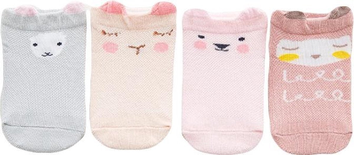 4-pack Meisjes Baby sokjes 6-24 maanden roze diertjes | enkelsokjes