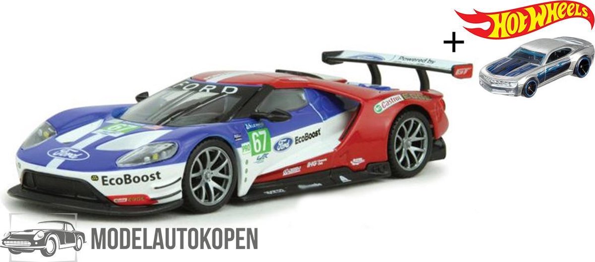 2017 Ford GT Race Car #67 (Rood/Wit/Blauw) 1/32 Bburago + Hot Wheels Miniatuurauto + 3 Unieke Auto Stickers! - Model auto - Schaalmodel - Modelauto - Miniatuur autos - Speelgoed voor kinderen