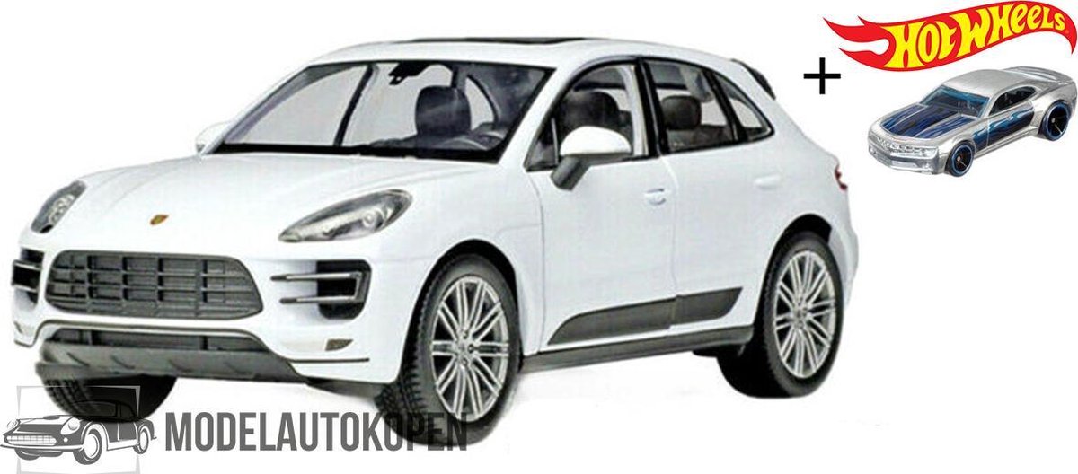 Porsche Macan 2015 (Wit) (18cm) 1/24 Bburago + Hot Wheels Miniatuurauto + 3 Unieke Auto Stickers! - Model auto - Schaalmodel - Modelauto - Miniatuur autos - Speelgoed voor kinderen