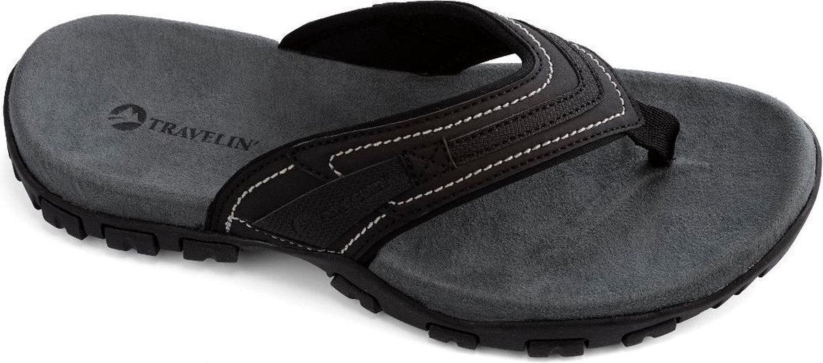 Travelin Dalen Teenslippers - Leren Outdoor Wandelsandalen met Profielzool - Zwart - Maat 44