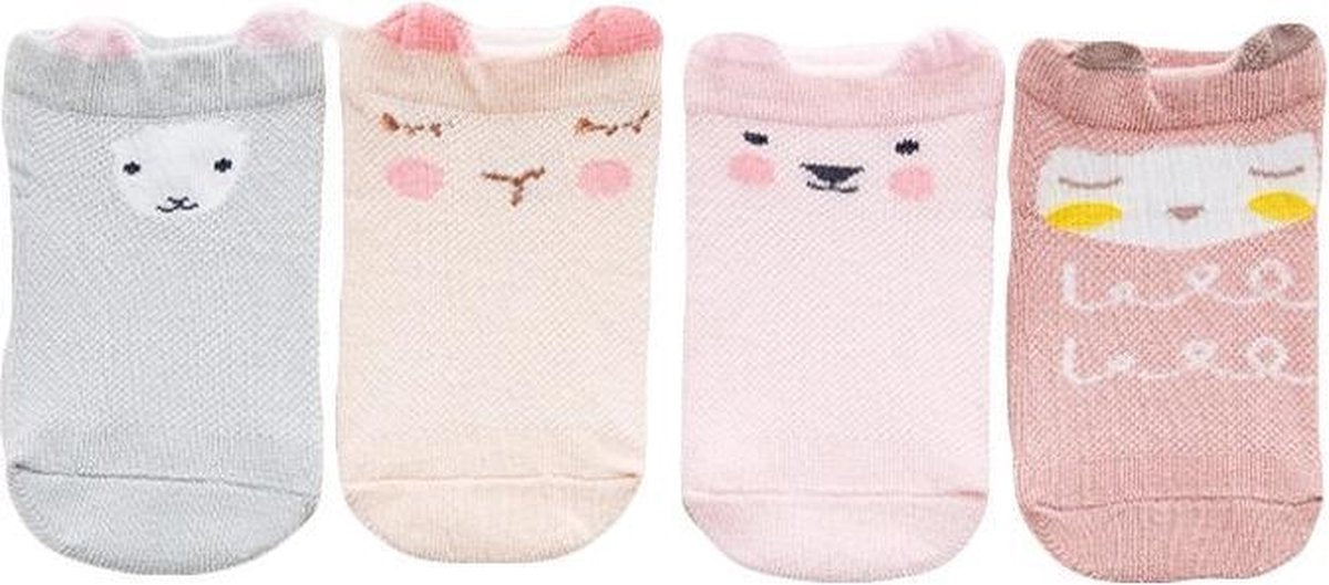 MINIIYOU - 4 pack baby meisjes sokjes roze diertjes - 3-12 maanden enkelsokken