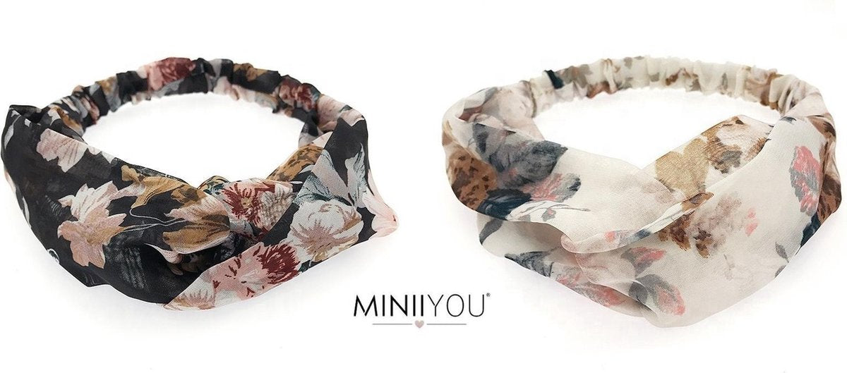 MINIIYOU® Set 2 stuks | Chiffon Gebloemde dames haarbanden zwart | haarbandjes bloemenprint | haarbanden volwassenen - meiden - tieners - vrouwen