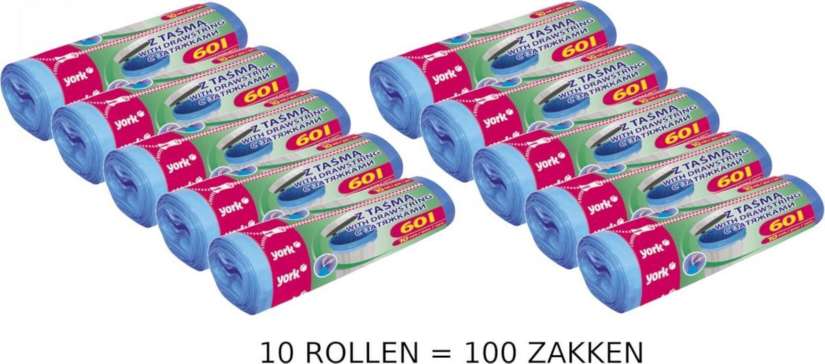 Afvalzakken met trekband | Inhoud 60l | 10 rollen = 100 zakken | Voordeelverpakking | 60 x 70cm | Extra sterk 18µm | Vuilniszakken