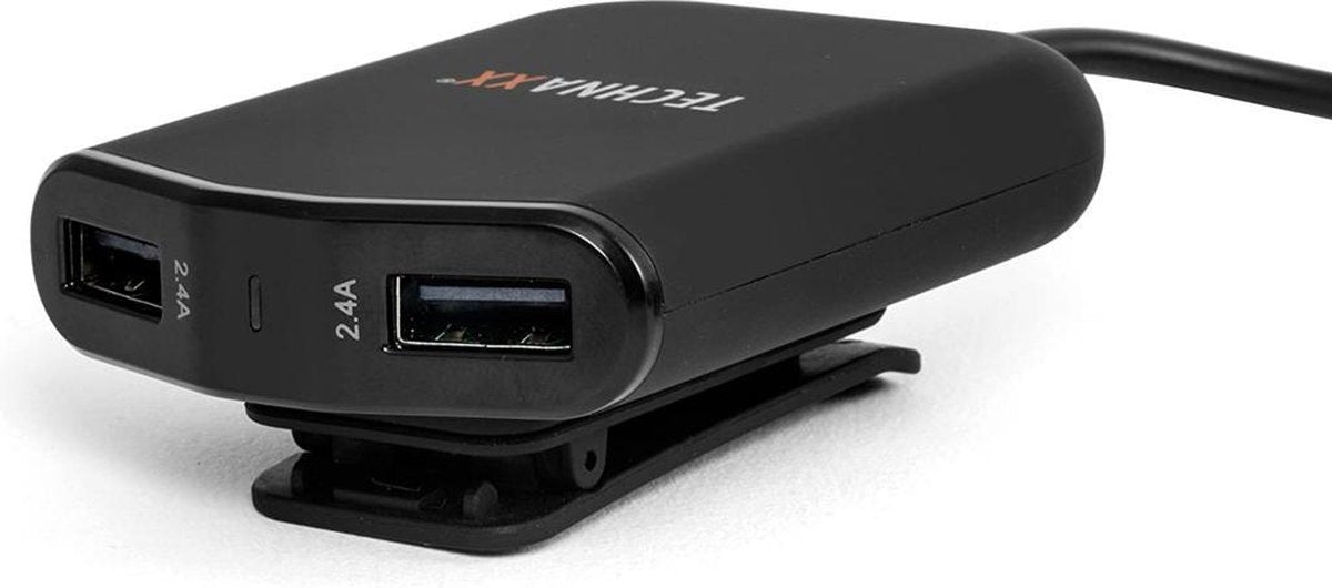Technaxx TE14 Autolader 12-24V met 4 USB aansluitingen - 2 voorin - 2 achterin - HUB met klem - zwart