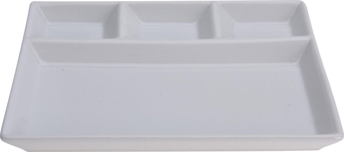 6x Witte borden/gourmetborden van porselein met 4 vakken 24 x 19 cm - Keukenbenodigdheden - Tafel dekken - Eten serveren - Dinerborden/vakkenborden/gourmetborden/barbecueborden