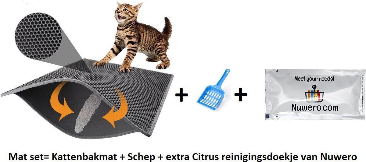 Kattenbakmat - Waterdichte dubbele laag- maat 40 x 50 cm - Met Gratis Kattenbakschep - Grit Opvanger + extra Citrus reinigingsdoekje van Nuwero