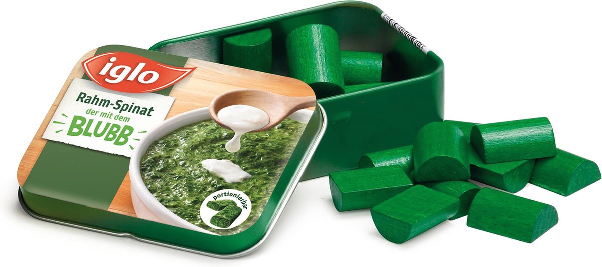 Erzi blikje met houten spinazi