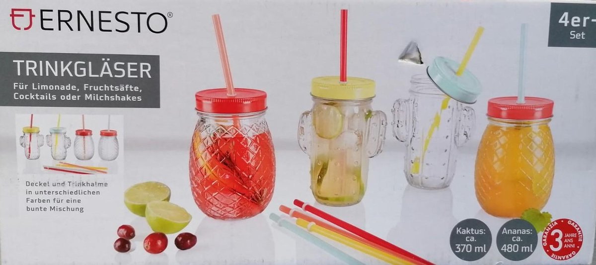 Ernesto Drinkglazen 4 stuks ca 370 ml en ca 480 ml - Glas cactus en ananas met deksel en rietje