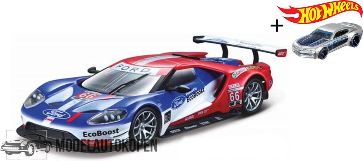 2017 Ford GT Race Car #66 (Rood/Wit/Blauw) (10 cm) 1/32 Bburago + Hot Wheels Miniatuurauto + 3 Unieke Auto Stickers! - Model auto - Schaalmodel - Modelauto - Miniatuur autos - Speelgoed voor kinderen